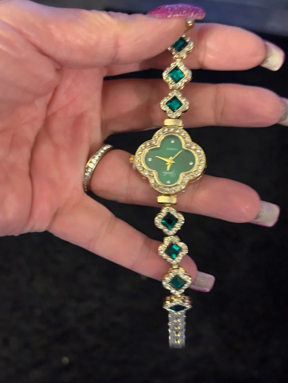Watch-Emerald Green simulated 4 Leaf Clover GOLD TONE Watch Diamond like Bracel